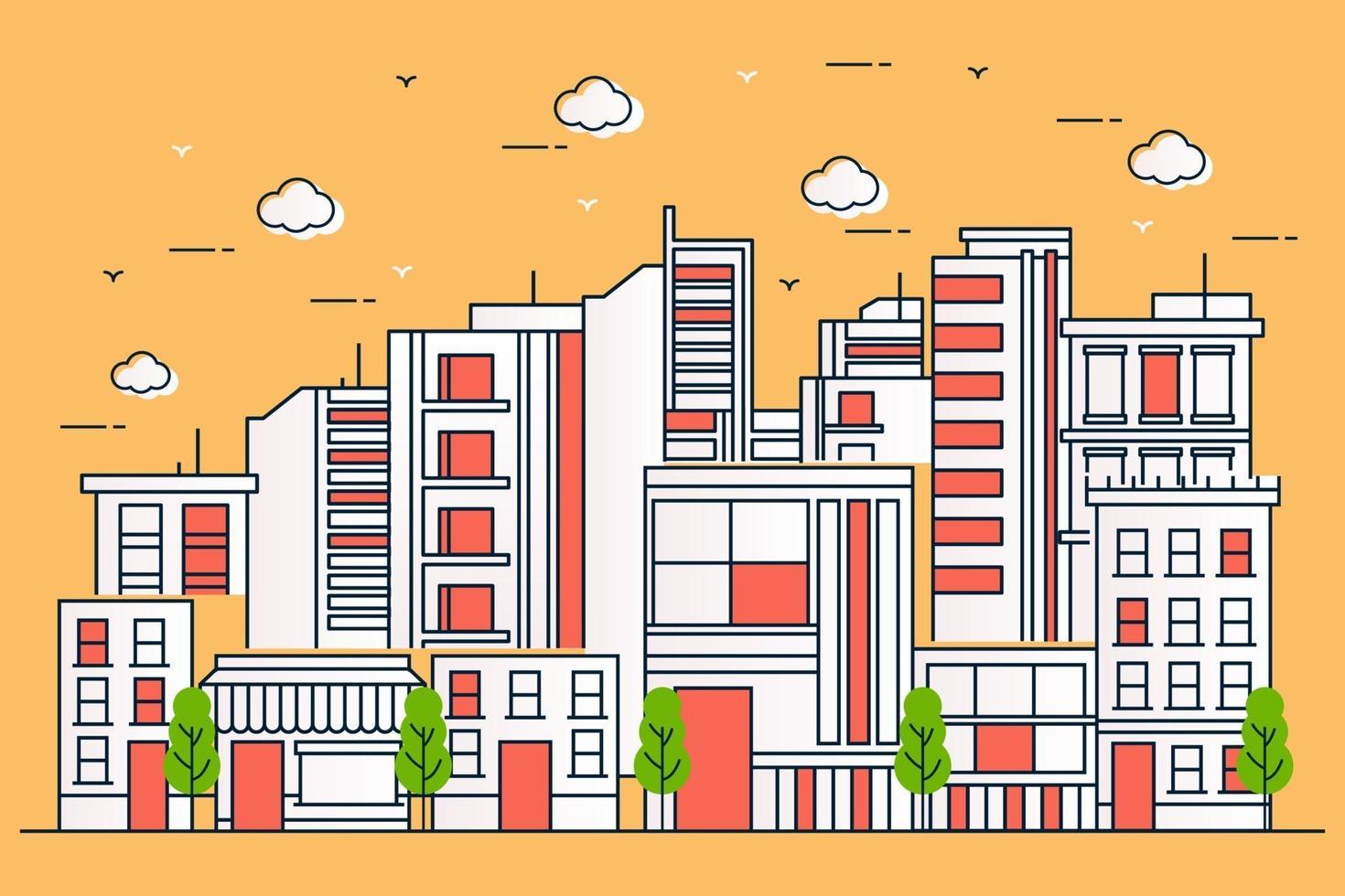 bela ilustração urbana com vários edifícios em estilo de linha vetor