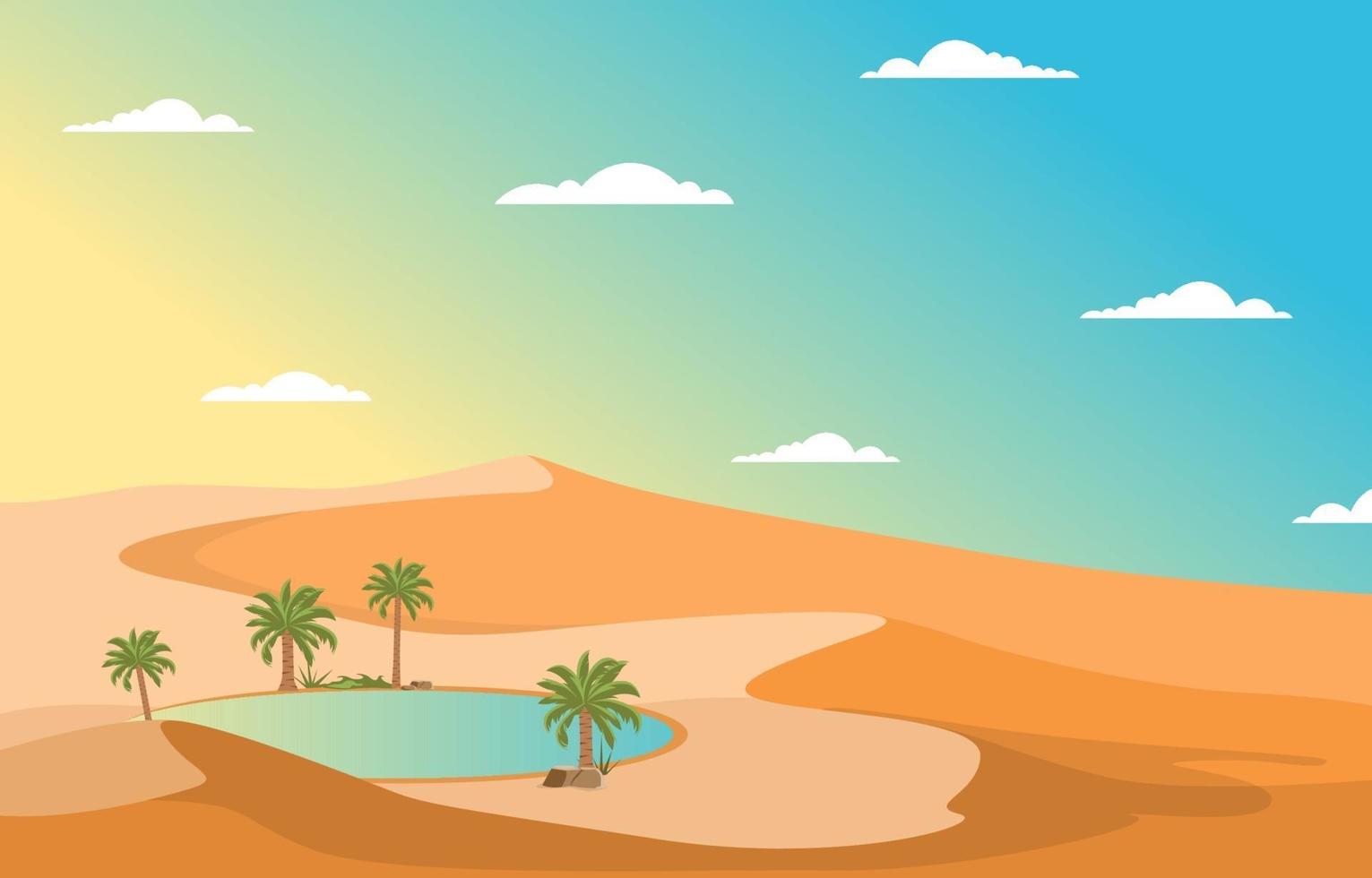 paisagem árabe com oásis e palmeiras e ilustração da colina do deserto vetor