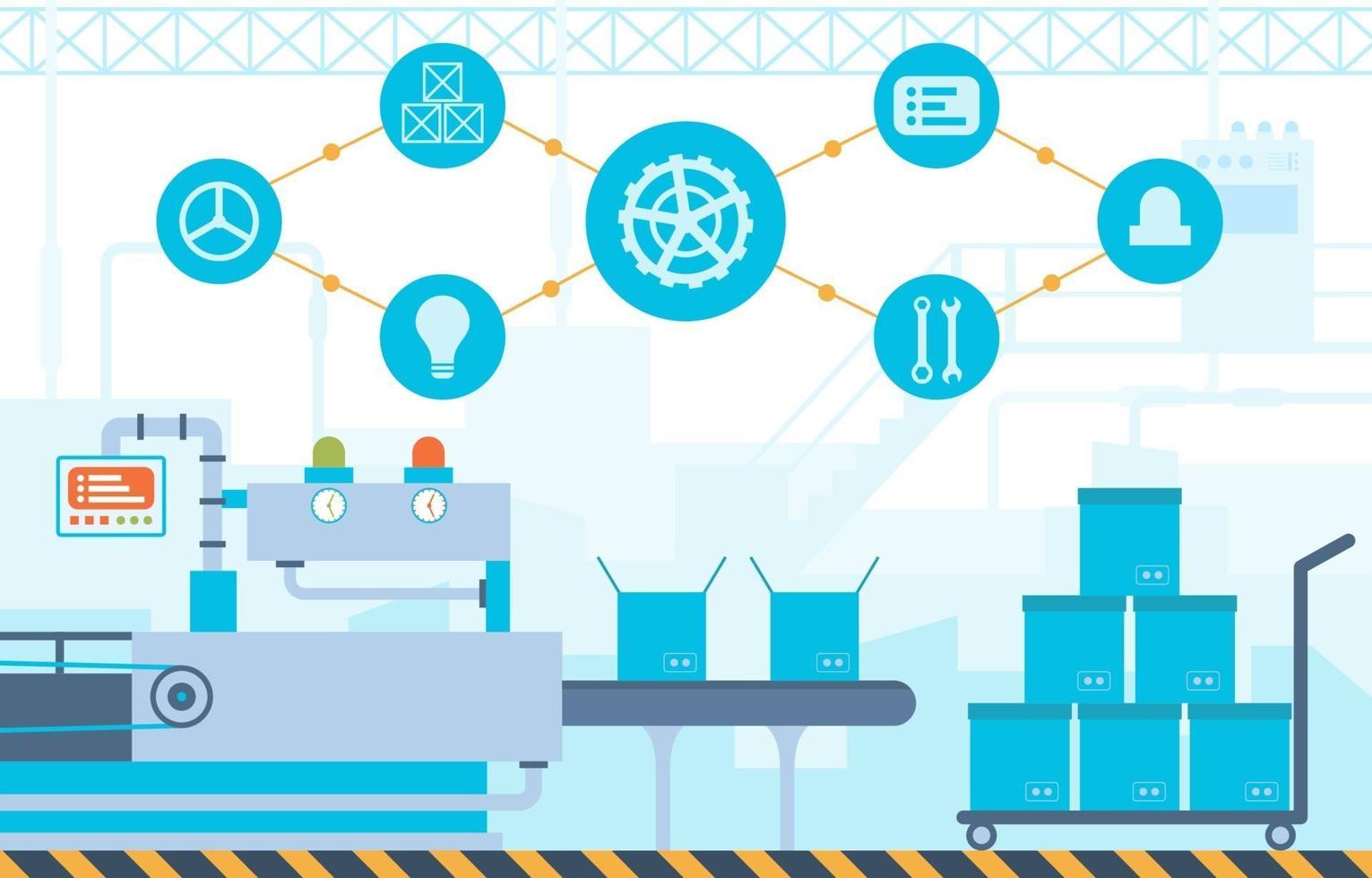 ilustração de correia transportadora de fábrica industrial e montagem robótica vetor