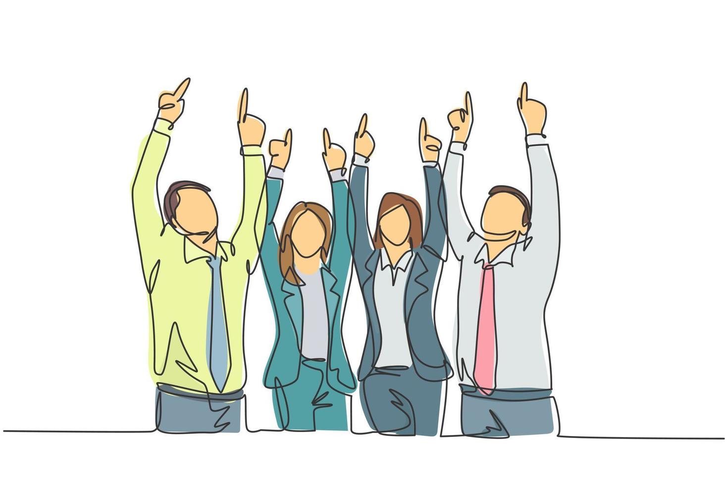 um único grupo de desenho de linha de jovens trabalhadores masculinos e femininos felizes apontando e levantando o dedo para o céu. negócios, trabalho em equipe, celebração, conceito, linha contínua, desenho, vetorial, gráfico ilustração vetor