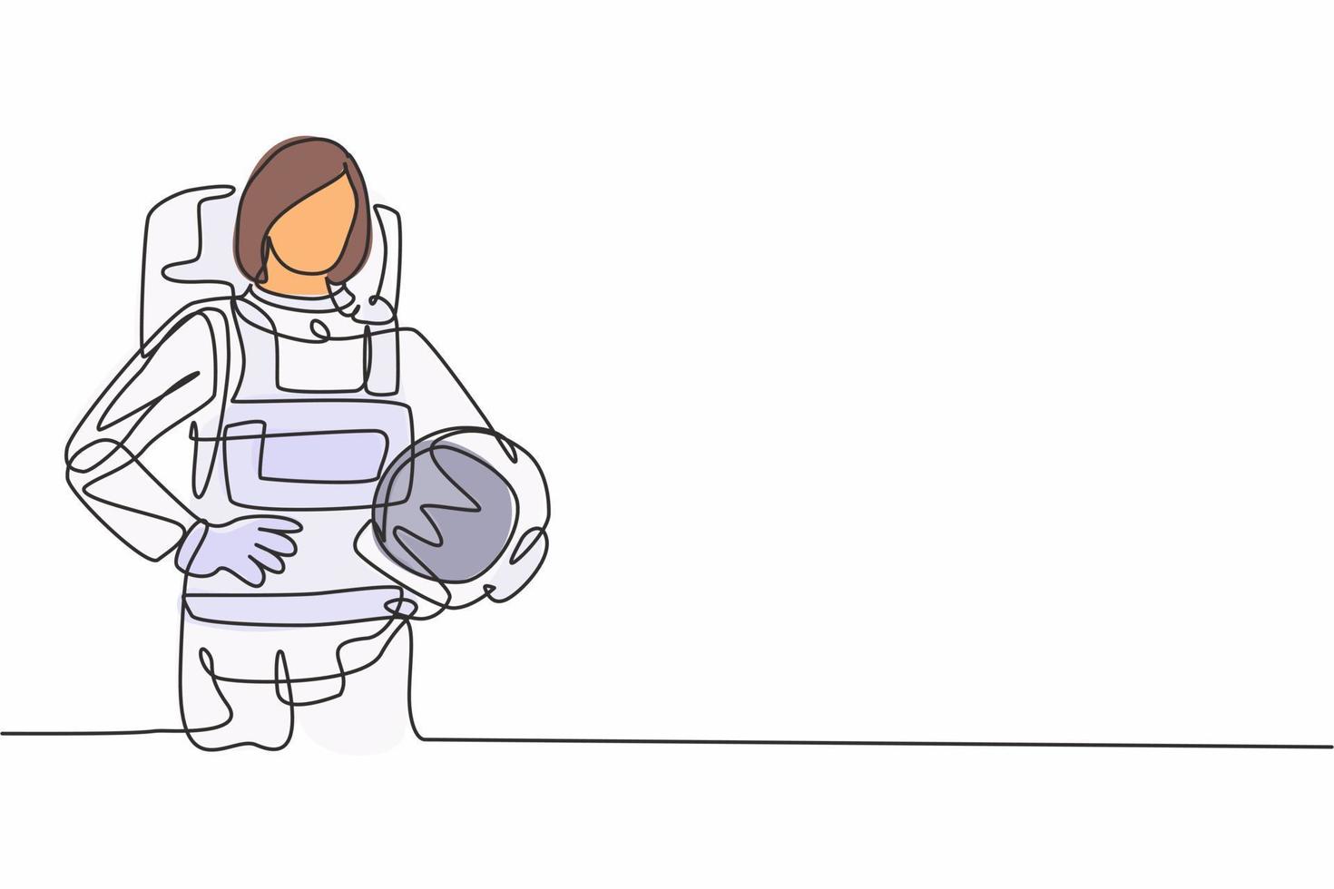 único desenho de linha contínua de uma jovem e bela astronauta feminina de mãos dadas no quadril. trabalho profissional ocupação do trabalho. minimalismo conceito uma linha desenhar ilustração vetorial de design gráfico vetor