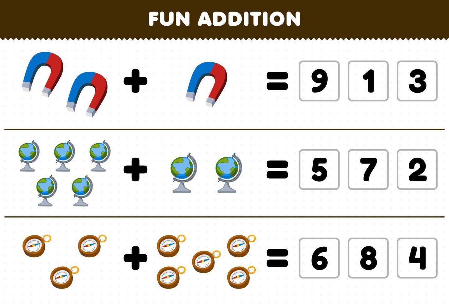 Educação jogos para crianças Diversão Adição de acho a corrigir número do fofa desenho animado magnético globo bússola cenário imprimível ferramenta planilha vetor