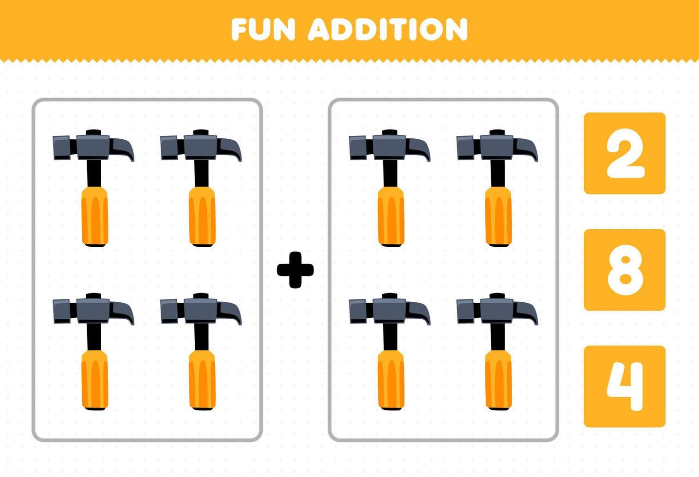 Educação jogos para crianças Diversão Adição de contagem e escolher a corrigir responda do fofa desenho animado martelo imprimível ferramenta planilha vetor