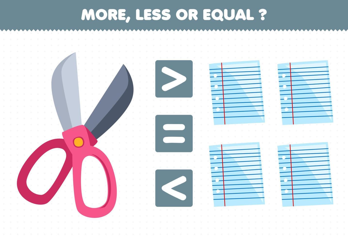 Educação jogos para crianças Mais Menos ou igual contagem a montante do fofa desenho animado tesoura e papel imprimível ferramenta planilha vetor