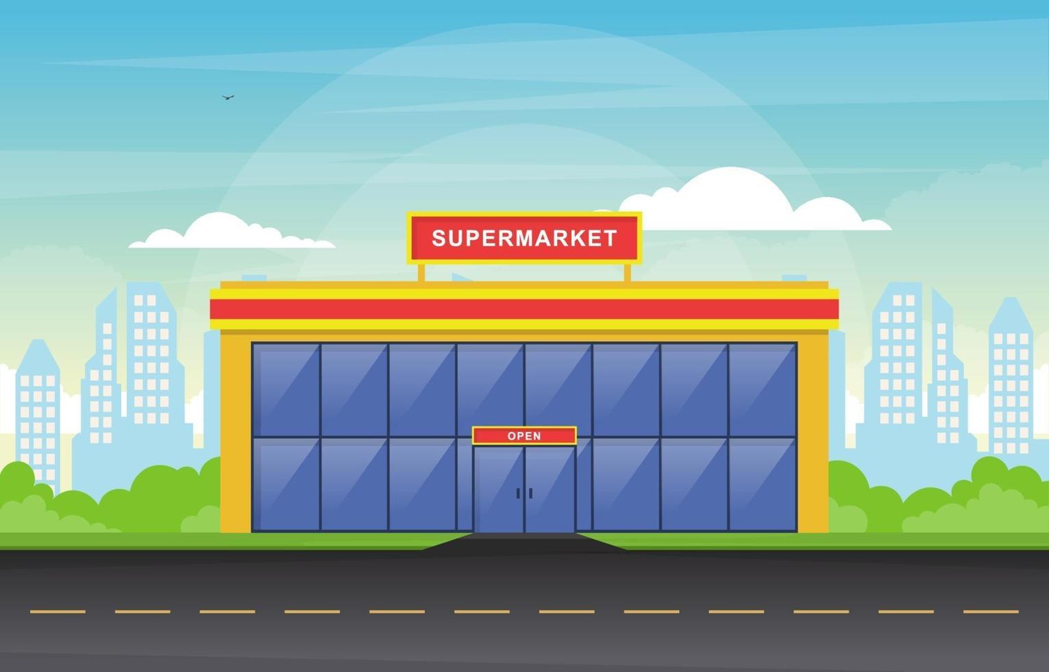 supermercado mercearia em ilustração plana de cidade vetor