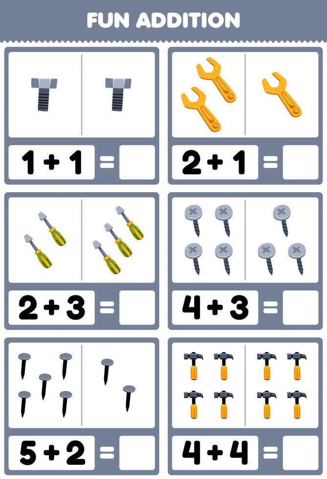 Educação jogos para crianças Diversão Adição de contando e soma do fofa desenho animado parafuso chave inglesa Chave de fenda parafuso unha martelo imprimível ferramenta planilha vetor