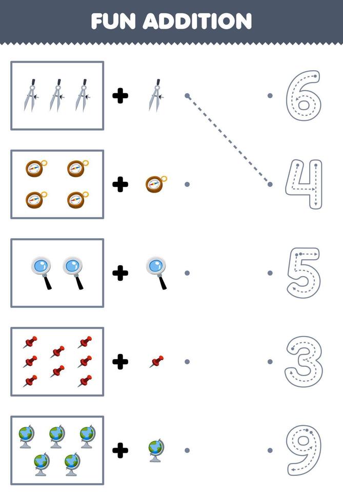 Educação jogos para crianças Diversão contando e adicionar 1 Mais desenho animado divisor bússola lupa PIN globo então escolher a corrigir número ferramenta planilha vetor