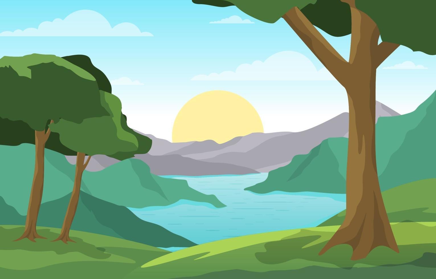 cena da paisagem matinal com rio, floresta e colinas vetor