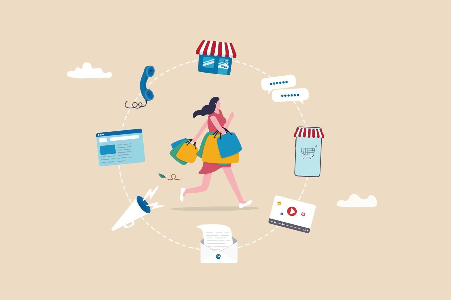 omnichannel marketing, multi canal para cliente para Comprar produtos, jovem mulher cliente com compras bolsas comprando a partir de multi canal loja, local na rede Internet, Móvel e de outros bate-papo e ligar Centro. vetor