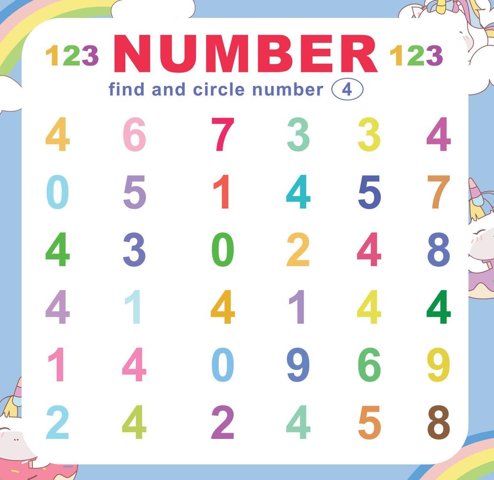 procurar e círculo número em a planilha. exercício para crianças para reconhecer número. educacional Folha para pré escola. vetor arquivo.