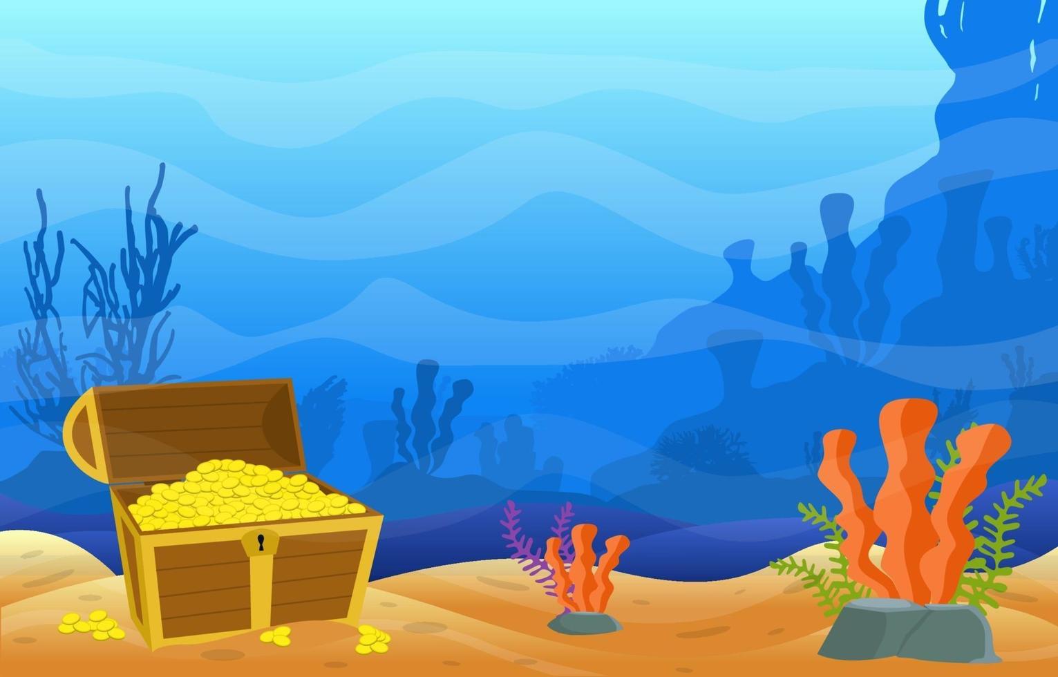cena subaquática com arca do tesouro, âncora e ilustração do recife de coral vetor