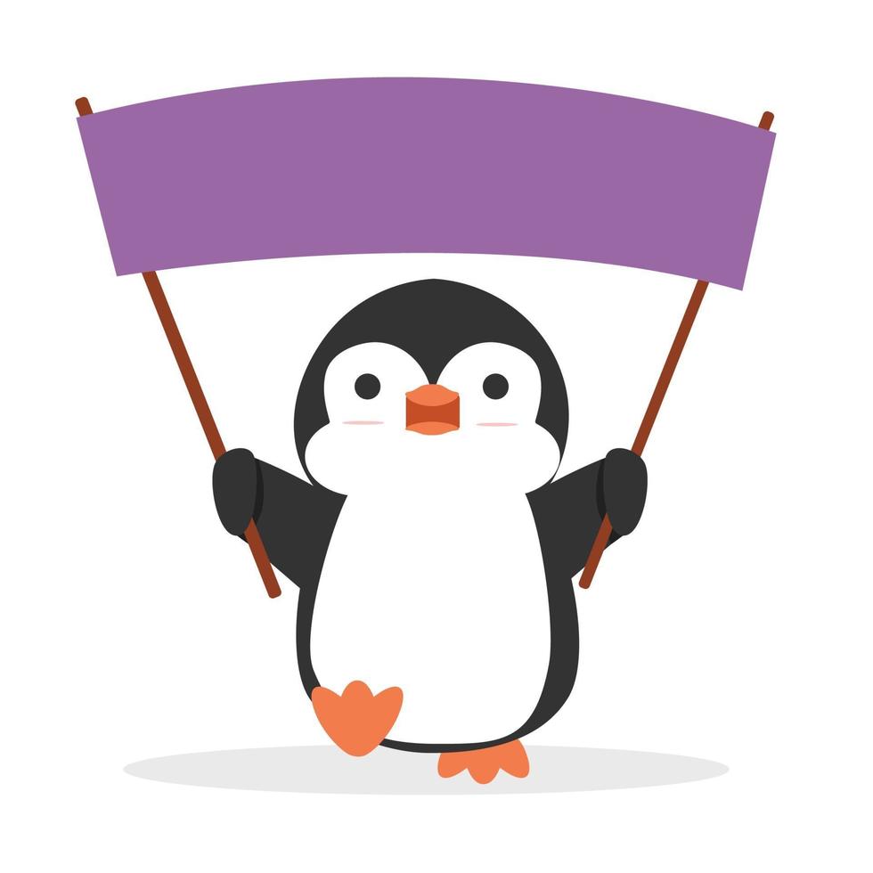 desenho de pinguim fofo segurando uma bandeira com espaço de cópia vetor