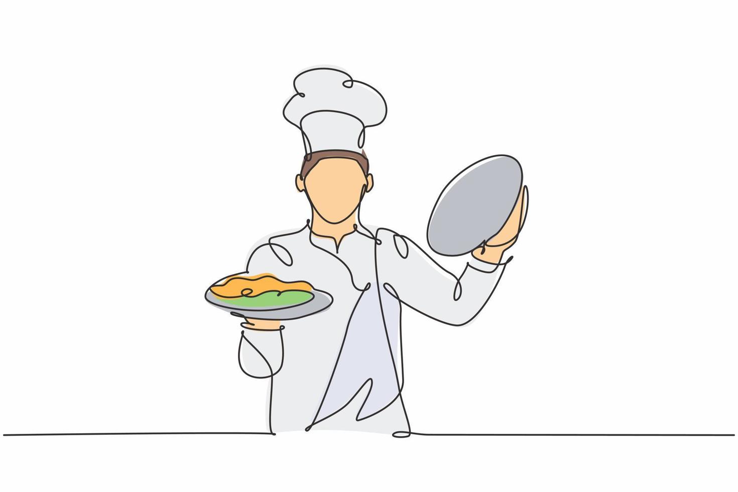 um desenho de linha contínua do jovem chef masculino bonito abrindo a bandeja de cloche para servir o prato principal ao cliente no restaurante do hotel. ilustração em vetor design de desenho de linha única excelente conceito de serviço