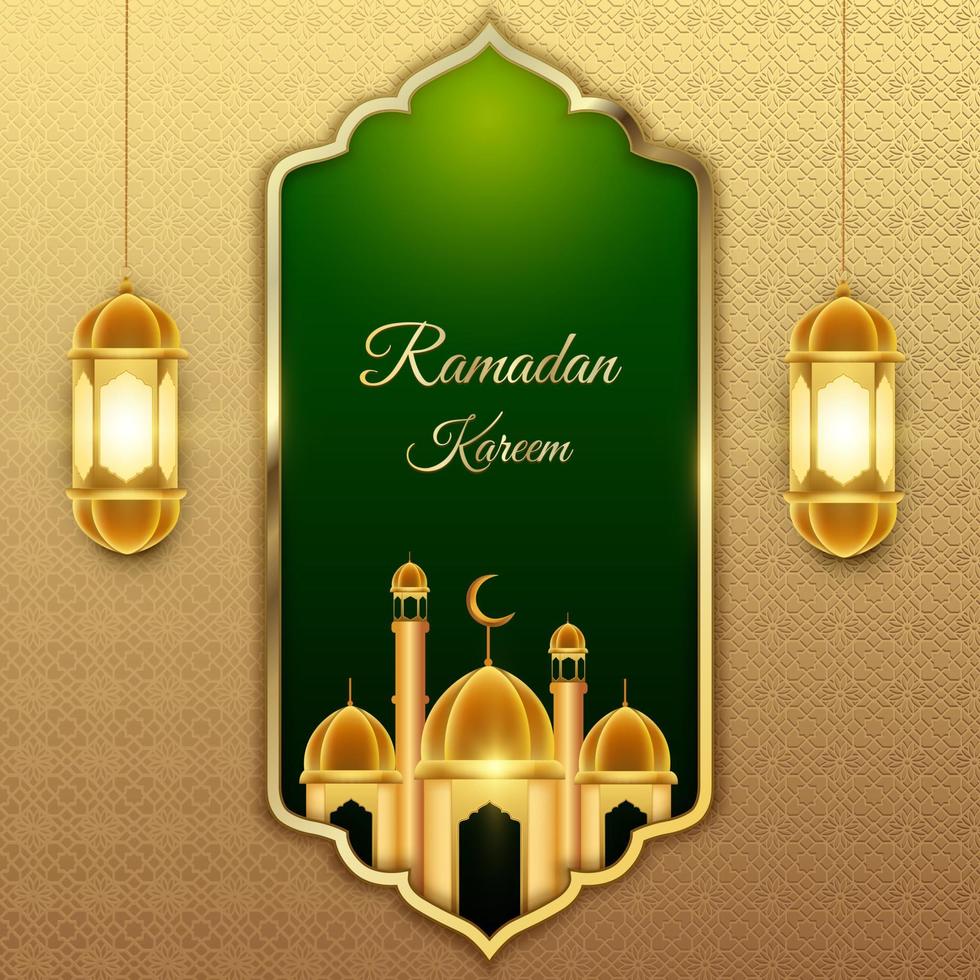Ramadã kareem cumprimento dourado fundo islâmico lanterna e mesquita vetor Projeto