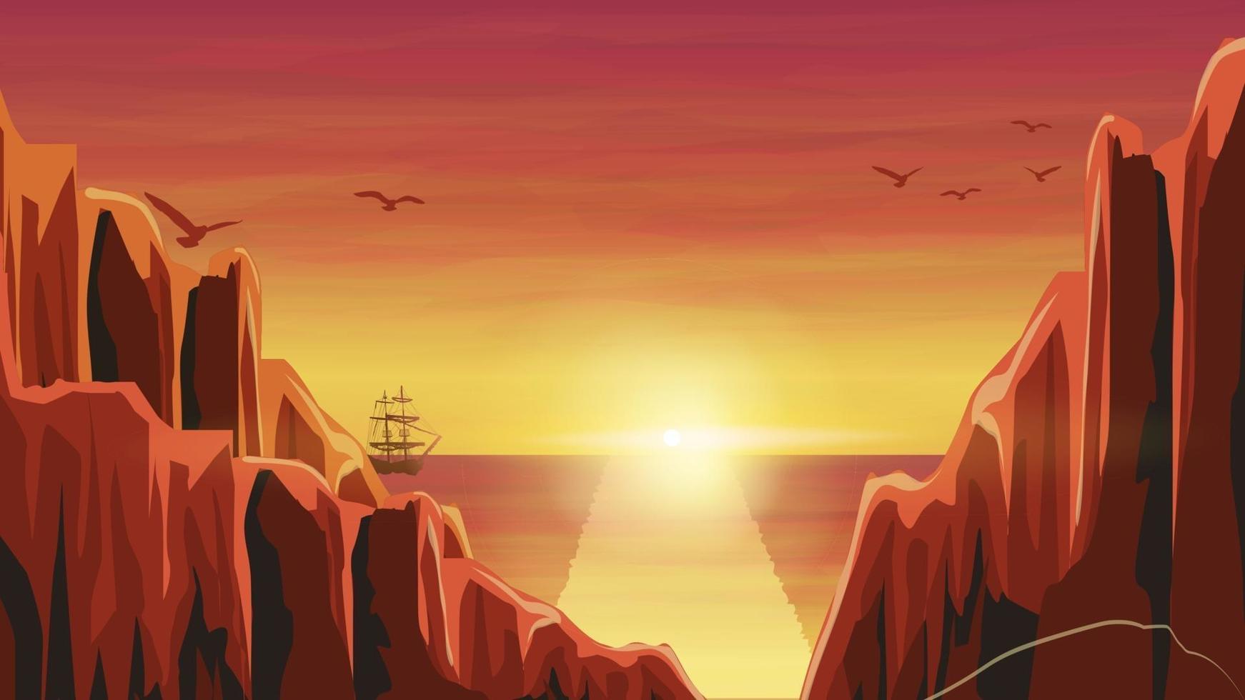 laranja pôr do sol no mar com o velho navio. ilustração vetorial vetor