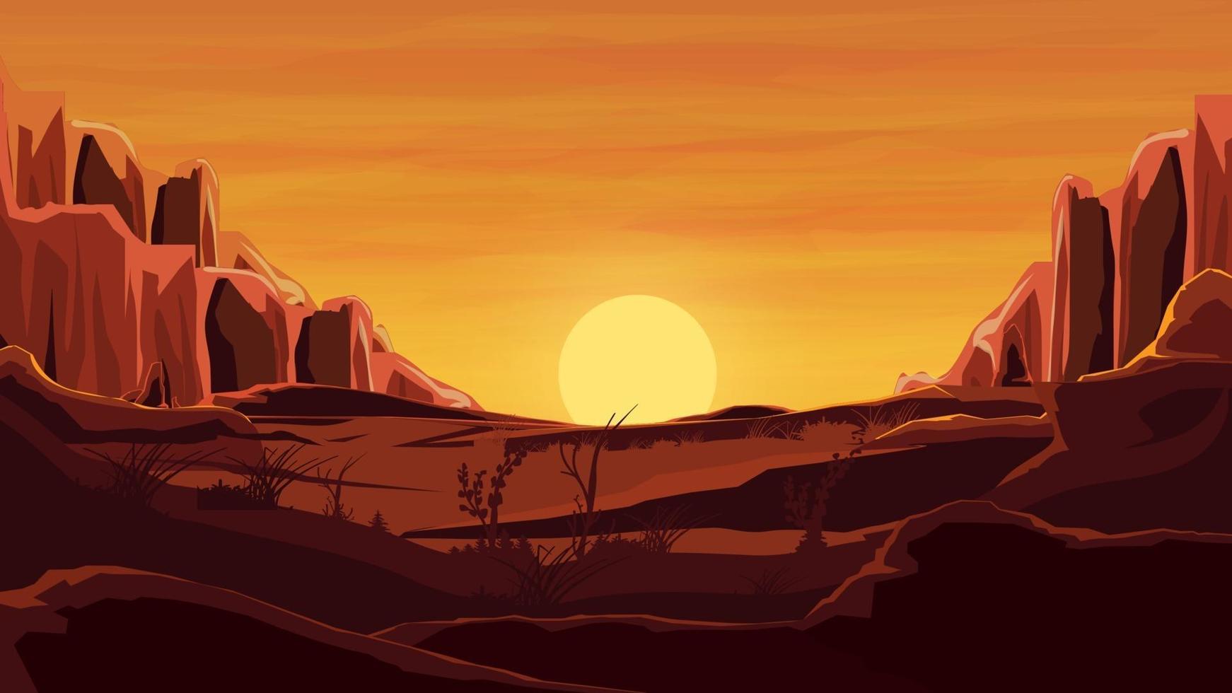 rochas no deserto, pôr do sol laranja, montanhas, areia, lindo céu. vetor