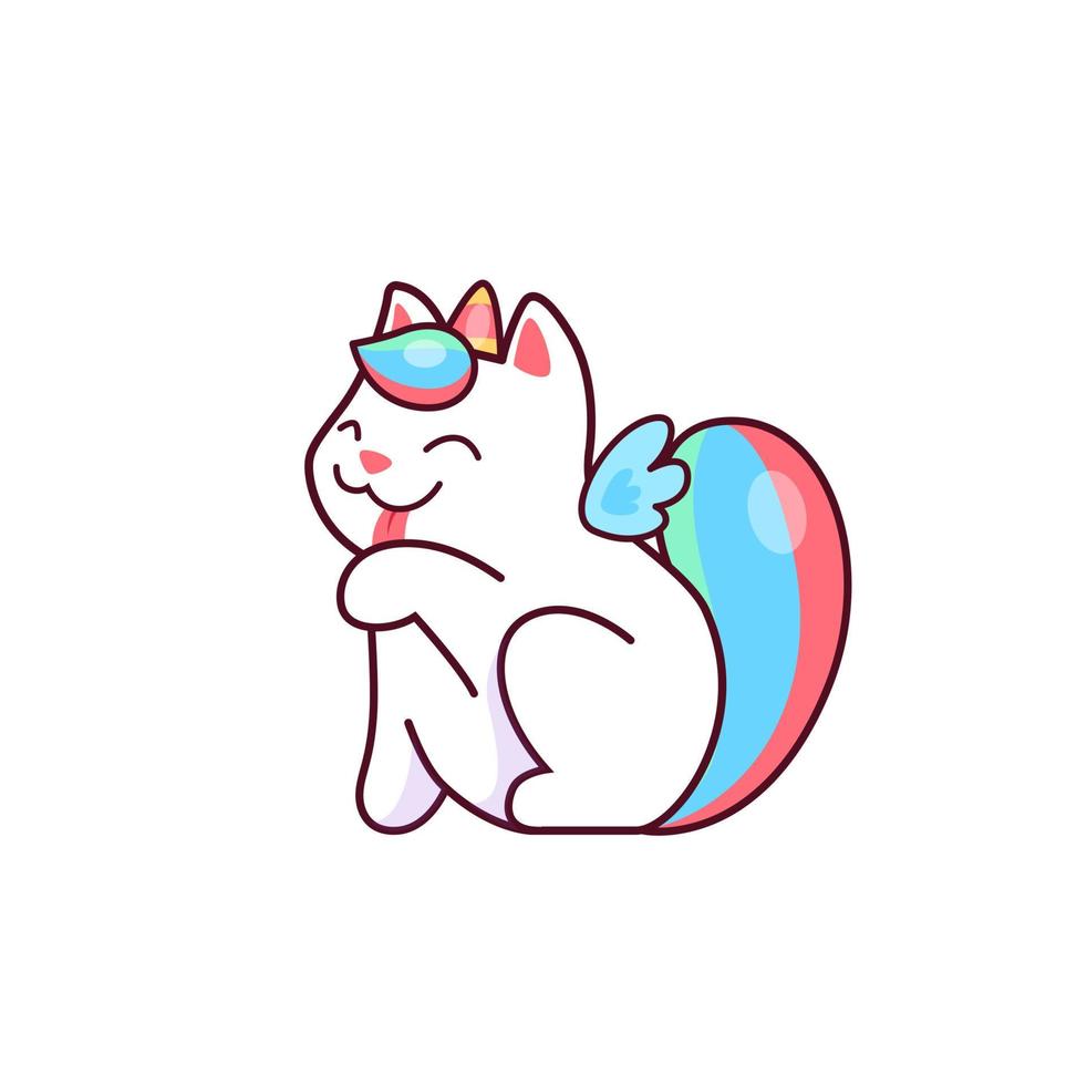 desenho animado fofa kawaii caticorn personagem lavar uma perna vetor