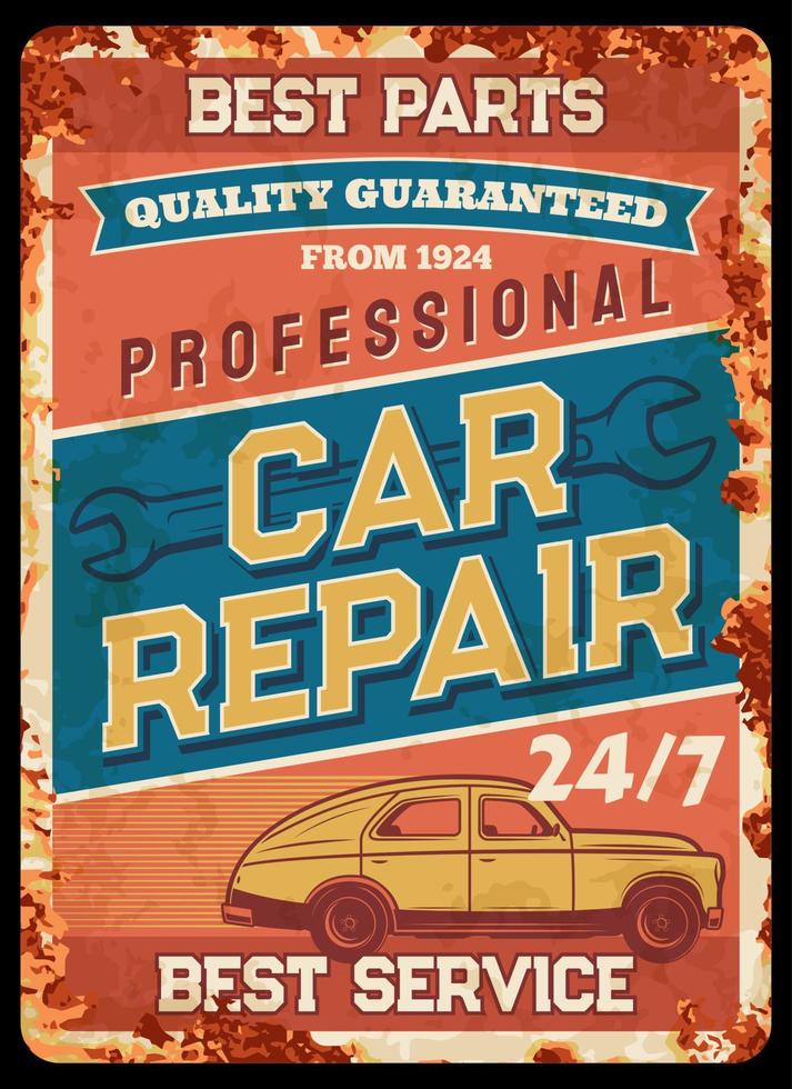 vintage carro reparar serviço mecânico oxidado prato vetor