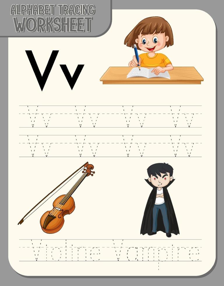 planilha de rastreamento do alfabeto com as letras v e v vetor