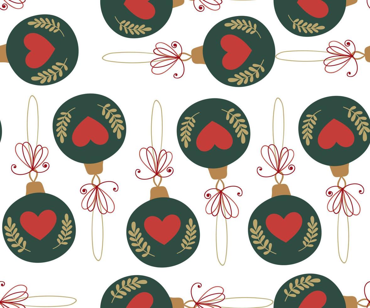 brinquedos da árvore de natal. lindas bolas verdes com corações vermelhos e galhos dourados. padrão sem emenda do festival de inverno. vetor