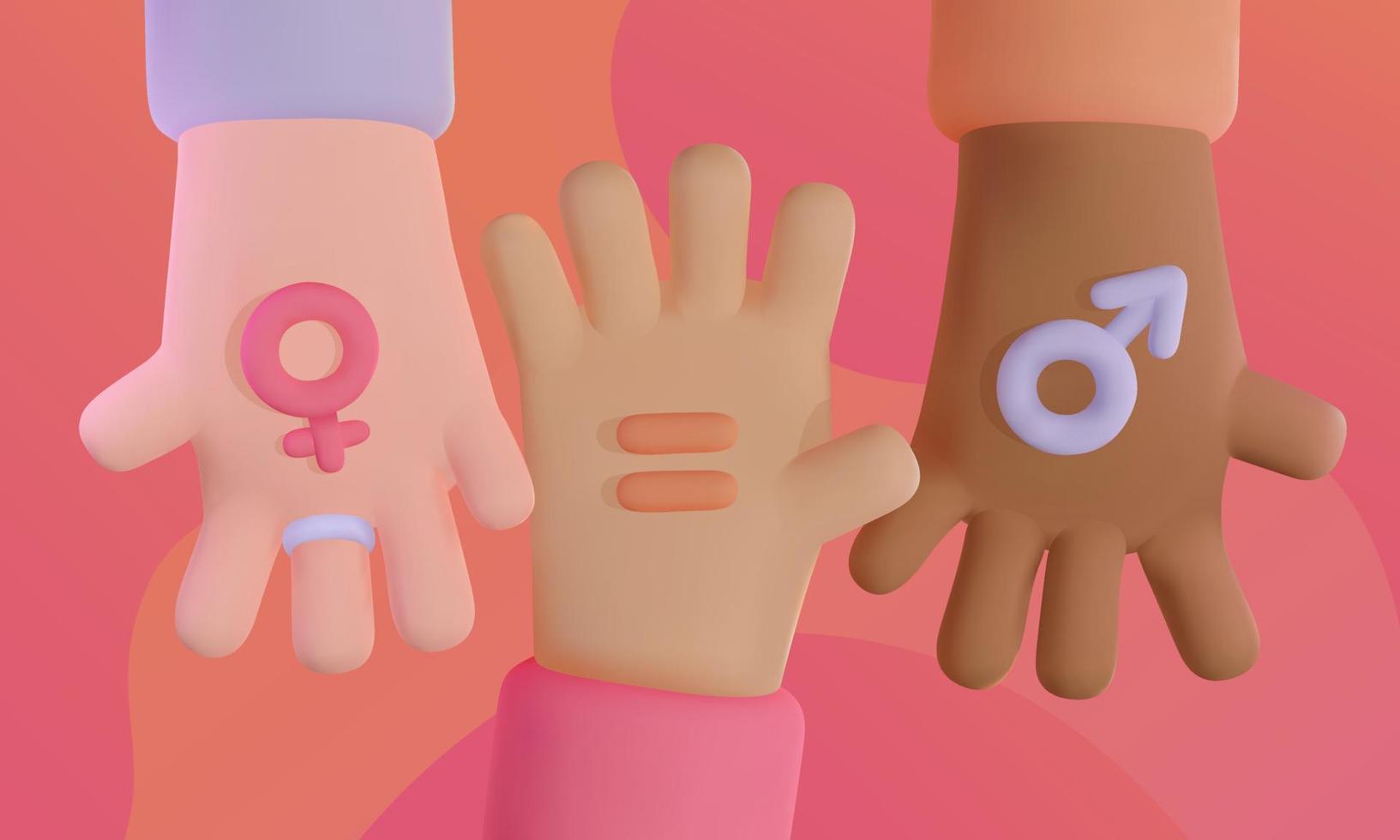 gênero igualdade. 3d desenho animado mãos segurando colorida gênero símbolos. vetor