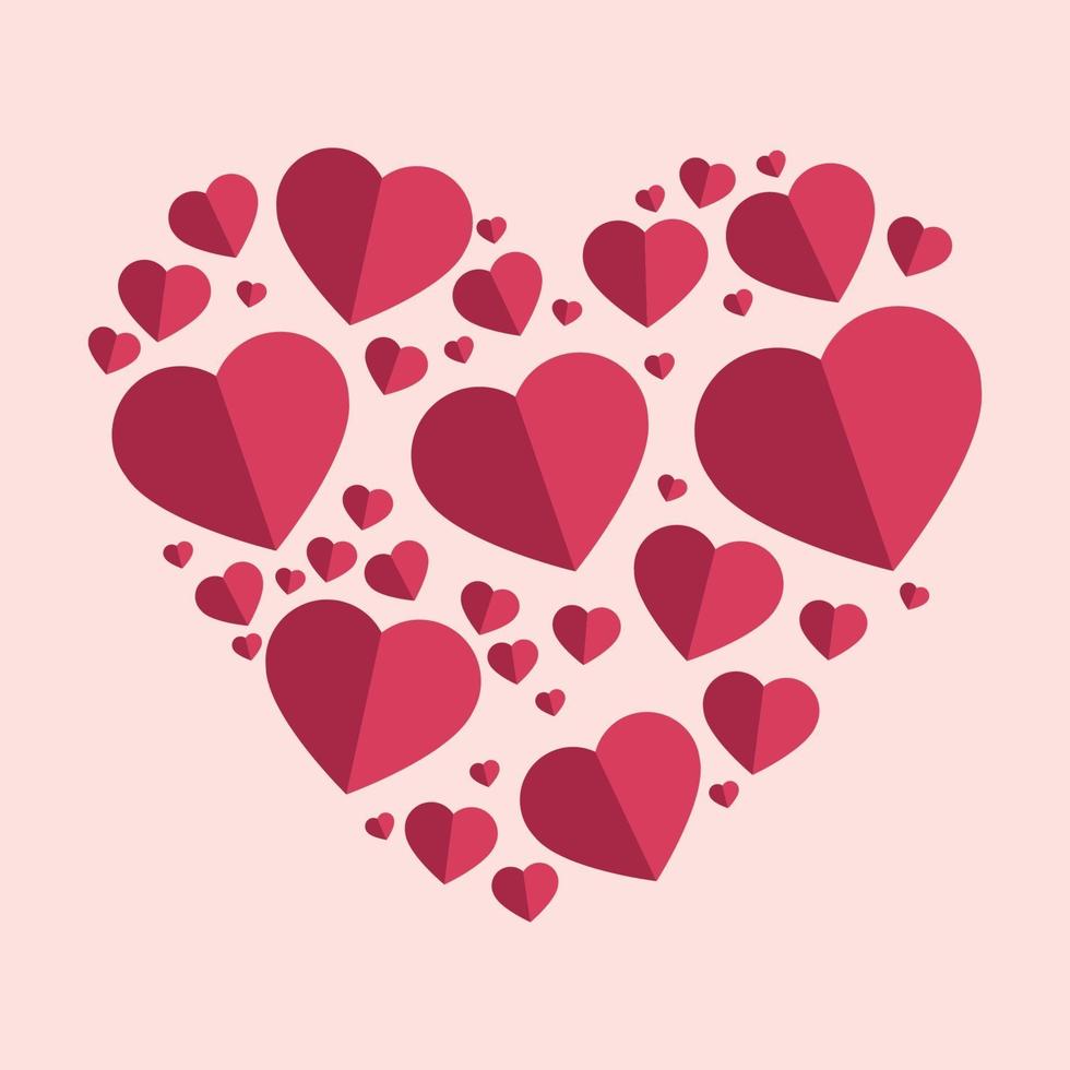 corações rosa-avermelhados suavemente na forma de um grande coração em um fundo rosa vetor