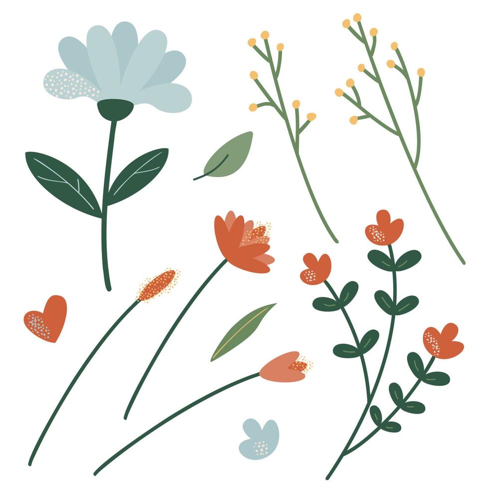 uma conjunto do galhos e flores para decoração. vetor ilustração do estilizado plantas dentro desenho animado estilo. isolado em uma branco fundo.