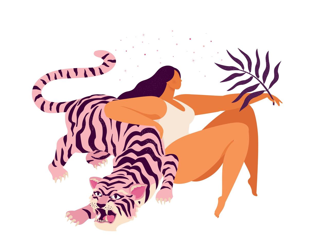 tigre rosa e um pôster inspirador relaxado de mulher. ame a si mesmo cartão. vetor