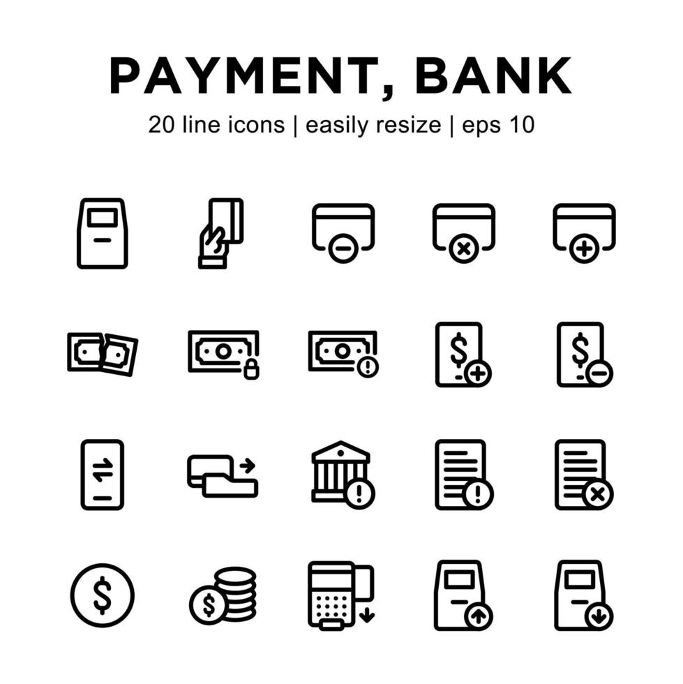 banco ou conjunto de ícones de linha de pagamento vetor