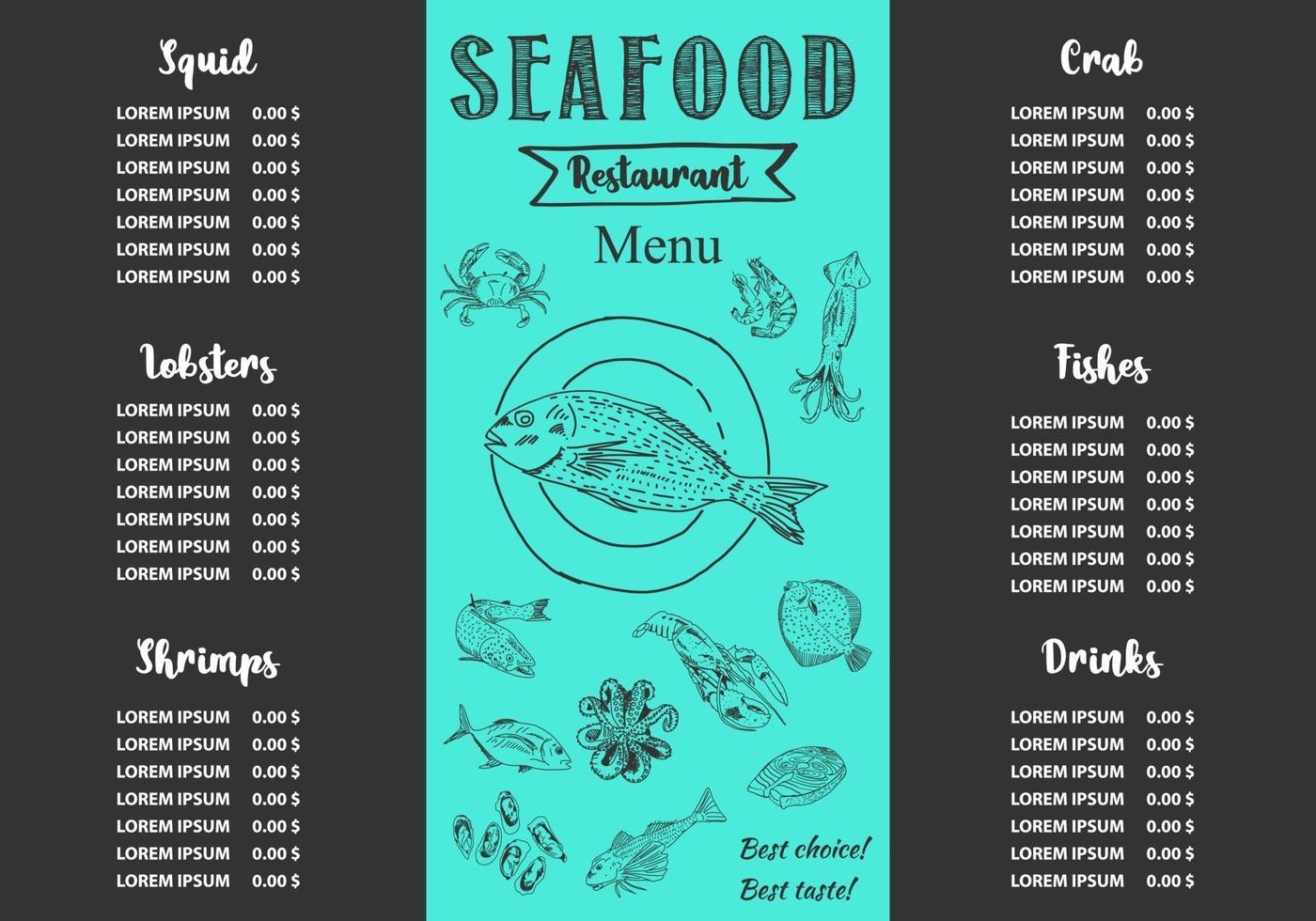 modelo de menu de restaurante de frutos do mar. vetor. vetor