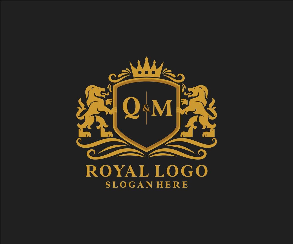 modelo de logotipo de luxo real de leão de carta qm inicial em arte vetorial para restaurante, realeza, boutique, café, hotel, heráldica, joias, moda e outras ilustrações vetoriais. vetor