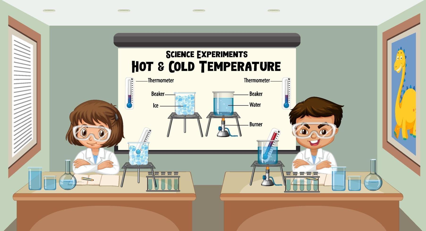 jovem cientista explicando experimentos científicos de temperatura quente e fria vetor