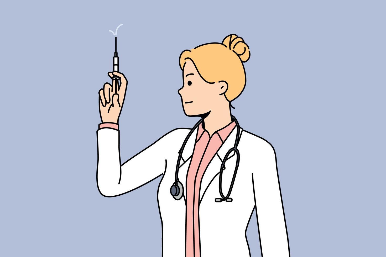 jovem fêmea enfermeira dentro médico uniforme aguarde seringa dentro mãos. mulher médico ou gp pronto para faço injeção. remédio e assistência médica, vacinação conceito. vetor ilustração.