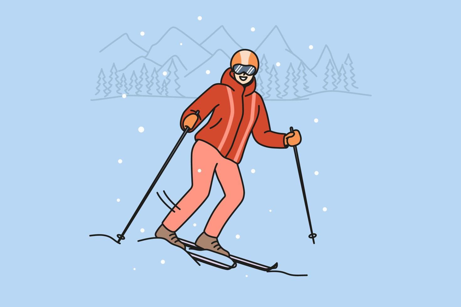 sorridente mulher dentro agasalhos esquiar em montanha durante inverno feriados. feliz fêmea esquiador dentro capacete e óculos apreciar ativo feriados ao ar livre. vetor ilustração.