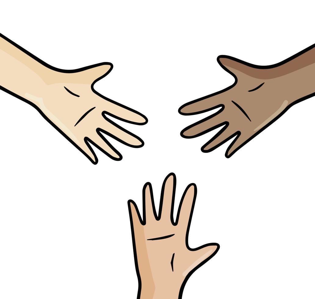 mãos do pessoas com diferente pele cores. conceito do amizade, diversidade e multicultural cooperação do crianças vetor