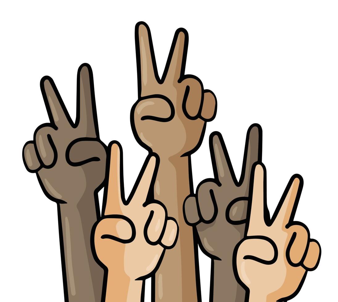 multiculturalismo e diversidade. desenho animado mãos mostrar vitória placa. dedos com v vetor