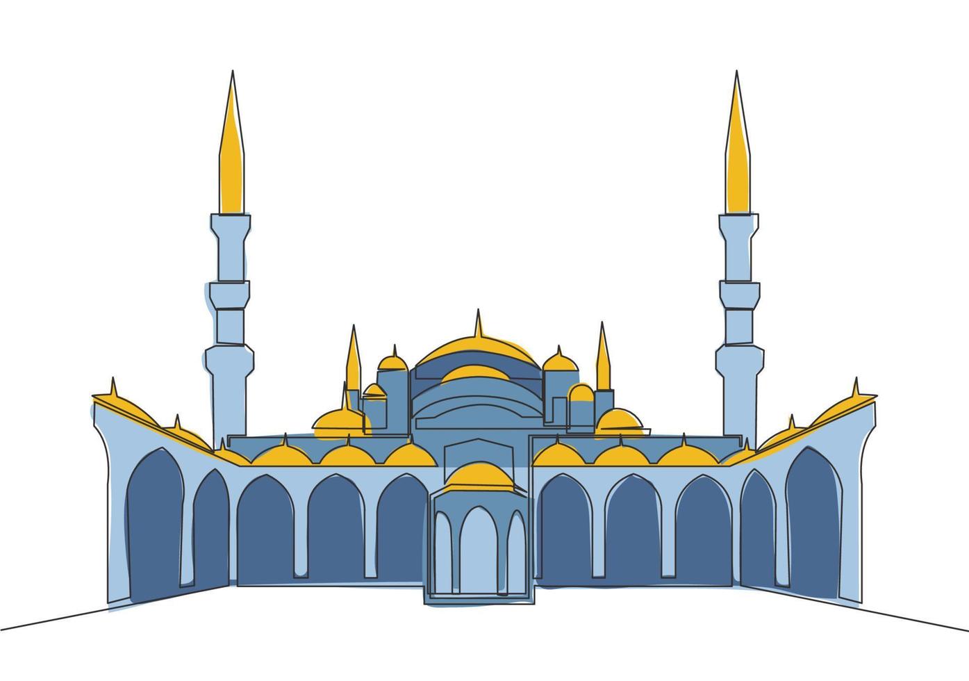 1 contínuo linha desenhando do islâmico histórico ponto de referência masjid ou mesquita. a antigo construção este trabalho Como uma Lugar, colocar do adoração para muçulmano pessoa conceito solteiro linha desenhar Projeto vetor ilustração