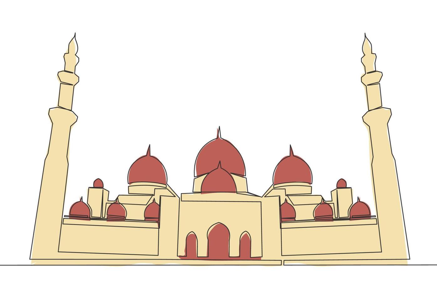 1 contínuo linha desenhando do islâmico histórico ponto de referência masjid ou mesquita. a antigo construção este trabalho Como uma Lugar, colocar do adoração para muçulmano pessoa conceito solteiro linha desenhar Projeto vetor ilustração