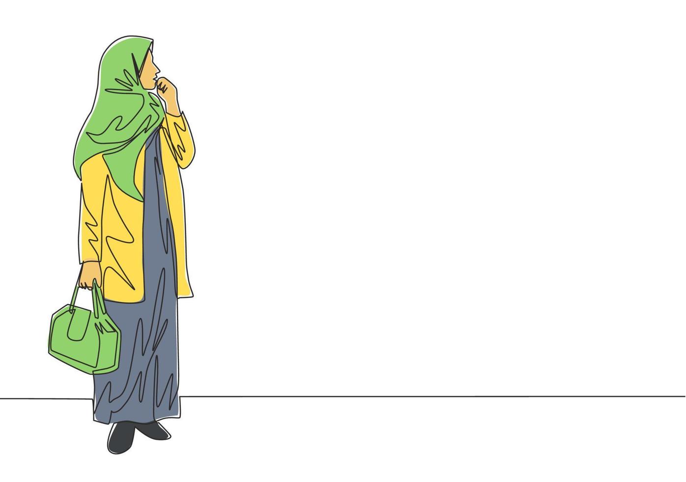 1 contínuo linha desenhando do jovem feliz atraente muslimah com véu segurando bolso bolsa. lindo ásia mulher modelo dentro na moda hijab moda conceito solteiro linha desenhar Projeto vetor ilustração