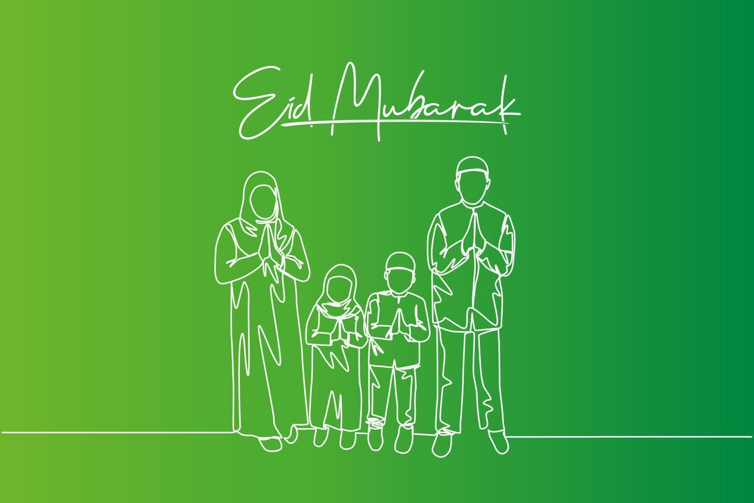 eid Mubarak cumprimento cartão, poster e bandeira Projeto fundo. solteiro contínuo linha desenhando do muçulmano árabe família - mãe, Papai e dois crianças. eid al fitr 1 linha desenhar vetor ilustração