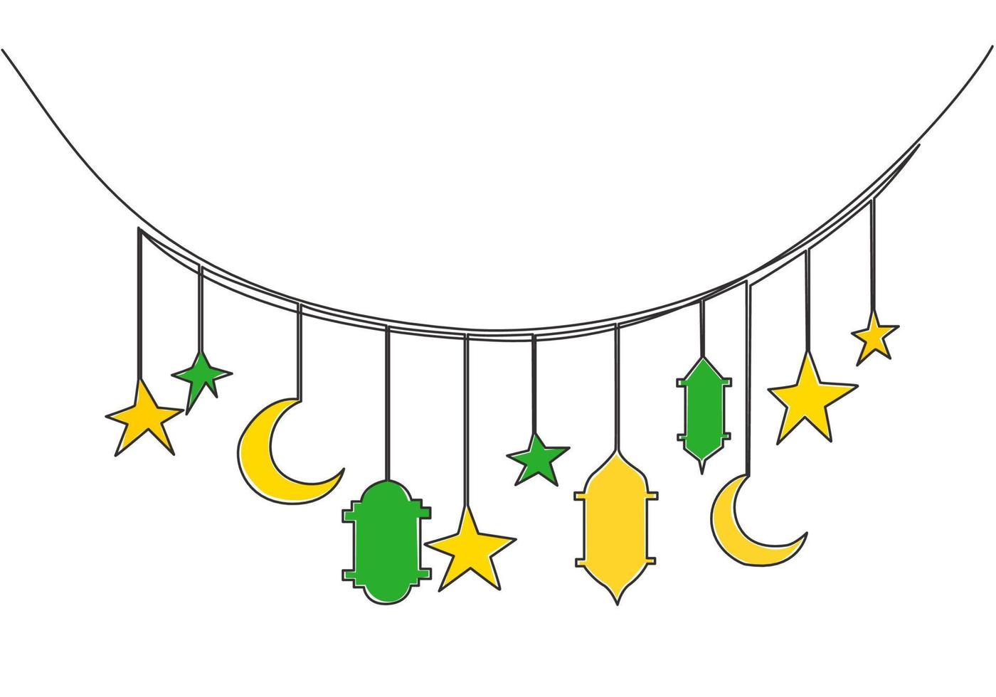 Ramadã kareem cumprimento cartão, poster e bandeira Projeto fundo. 1 solteiro linha desenhando do islâmico enfeite com luas, estrelas, lanternas e lâmpadas. contínuo linha desenhar vetor ilustração