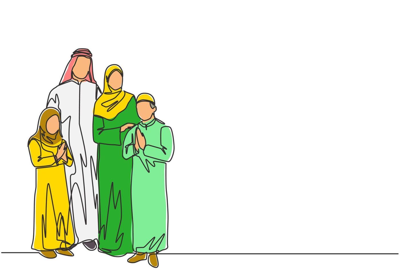 eid al fitr Mubarak cumprimento cartão, bandeira e poster Projeto. 1 contínuo linha desenhando do muçulmano árabe família - islâmico pai, mãe, filha e filho. solteiro linha desenhar vetor ilustração