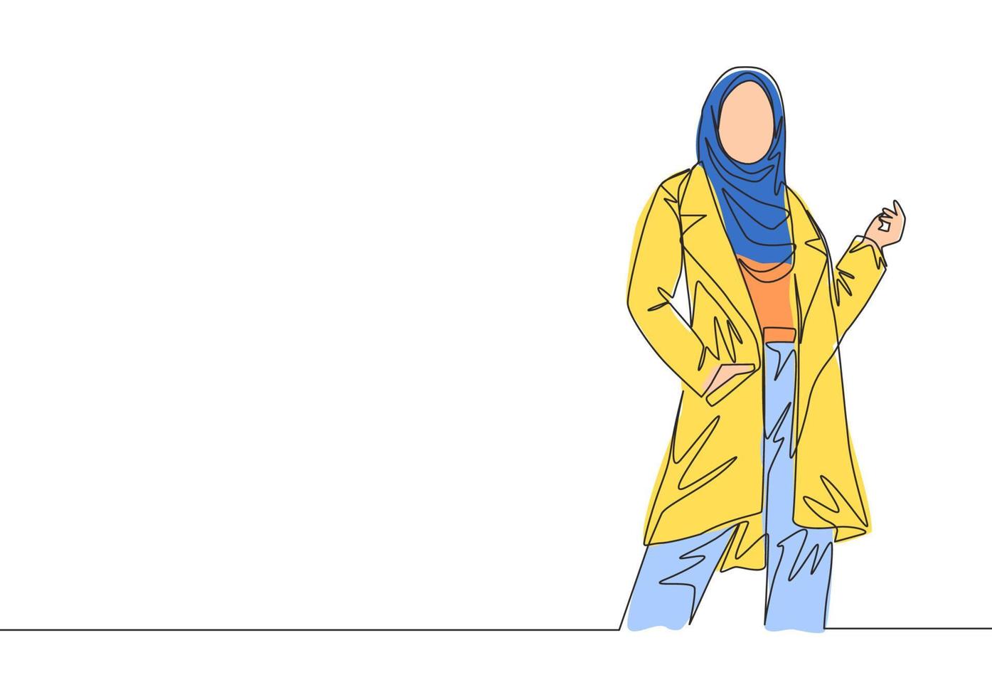 solteiro contínuo linha desenhando do jovem feliz lindo muslimah em islâmico pano pose agradável. beleza malaio mulheres modelo dentro na moda hijab moda conceito 1 linha desenhar Projeto vetor ilustração