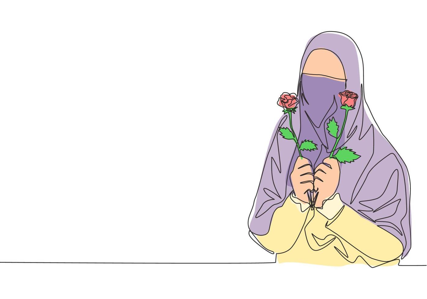 solteiro contínuo linha desenhando do jovem feliz saudita árabe muslimah vestindo burca enquanto segurando rosa flor. tradicional muçulmano mulher Niqab com hijab conceito 1 linha desenhar Projeto vetor ilustração