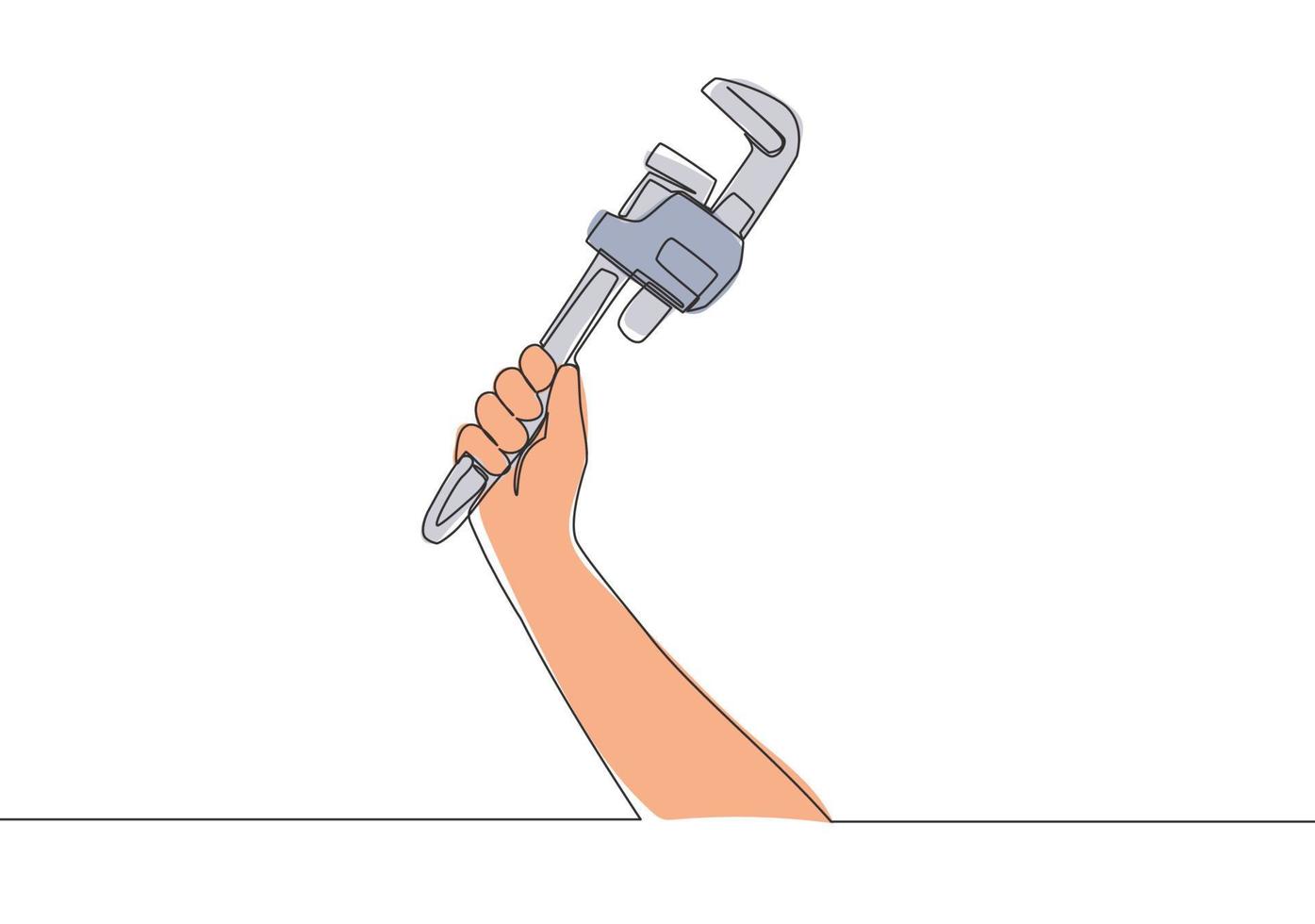 1 solteiro linha desenhando do homem segurando inoxidável aço tubo chave inglesa. faz-tudo Ferramentas conceito. contínuo linha desenhar vetor Projeto ilustração