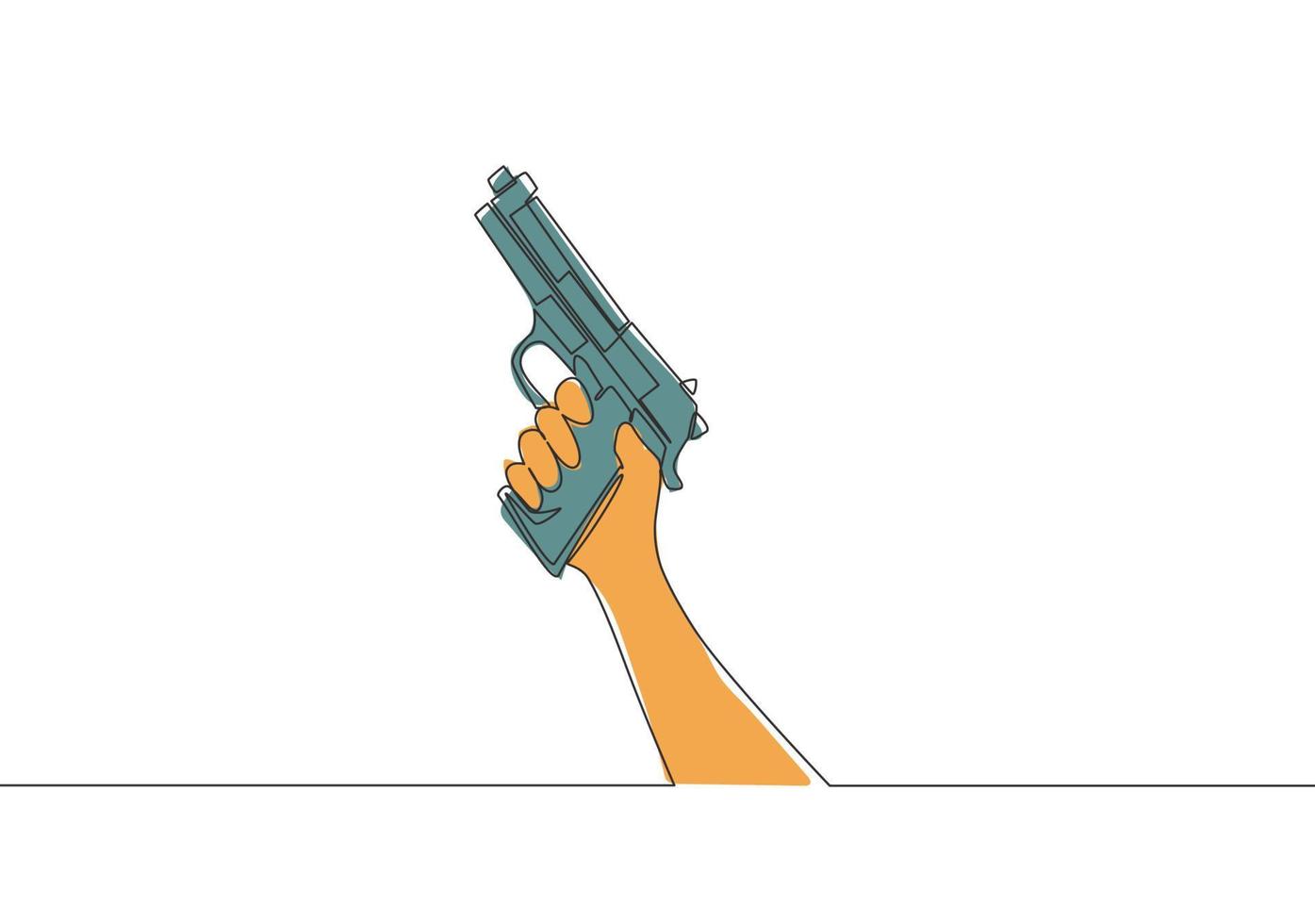 1 contínuo linha desenhando do homem segurando automático mão pistola. defesa arma conceito. solteiro linha desenhar vetor Projeto ilustração