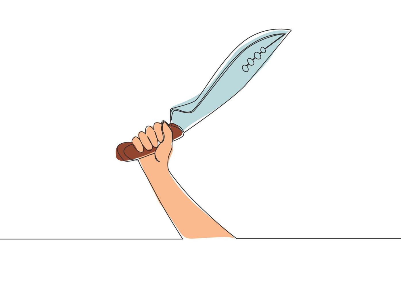 solteiro contínuo linha desenhando do homem segurando tradicional facão lâmina. 1 linha desenhar vetor Projeto ilustração