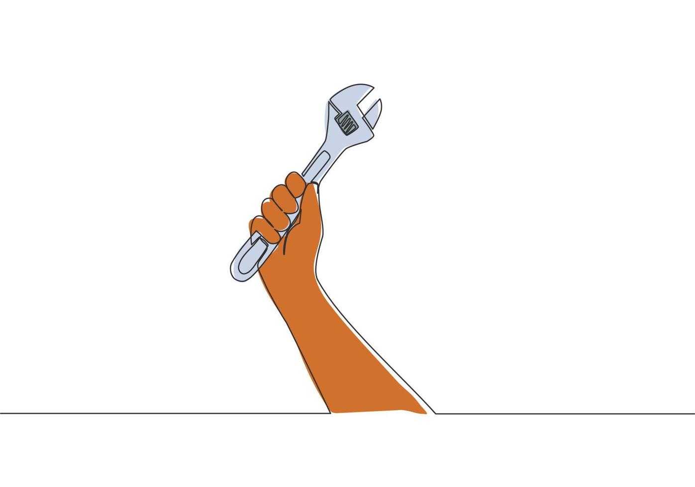 1 contínuo linha desenhando do homem segurando inoxidável aço chave inglesa chave. faz-tudo Ferramentas conceito. solteiro linha desenhar vetor Projeto ilustração