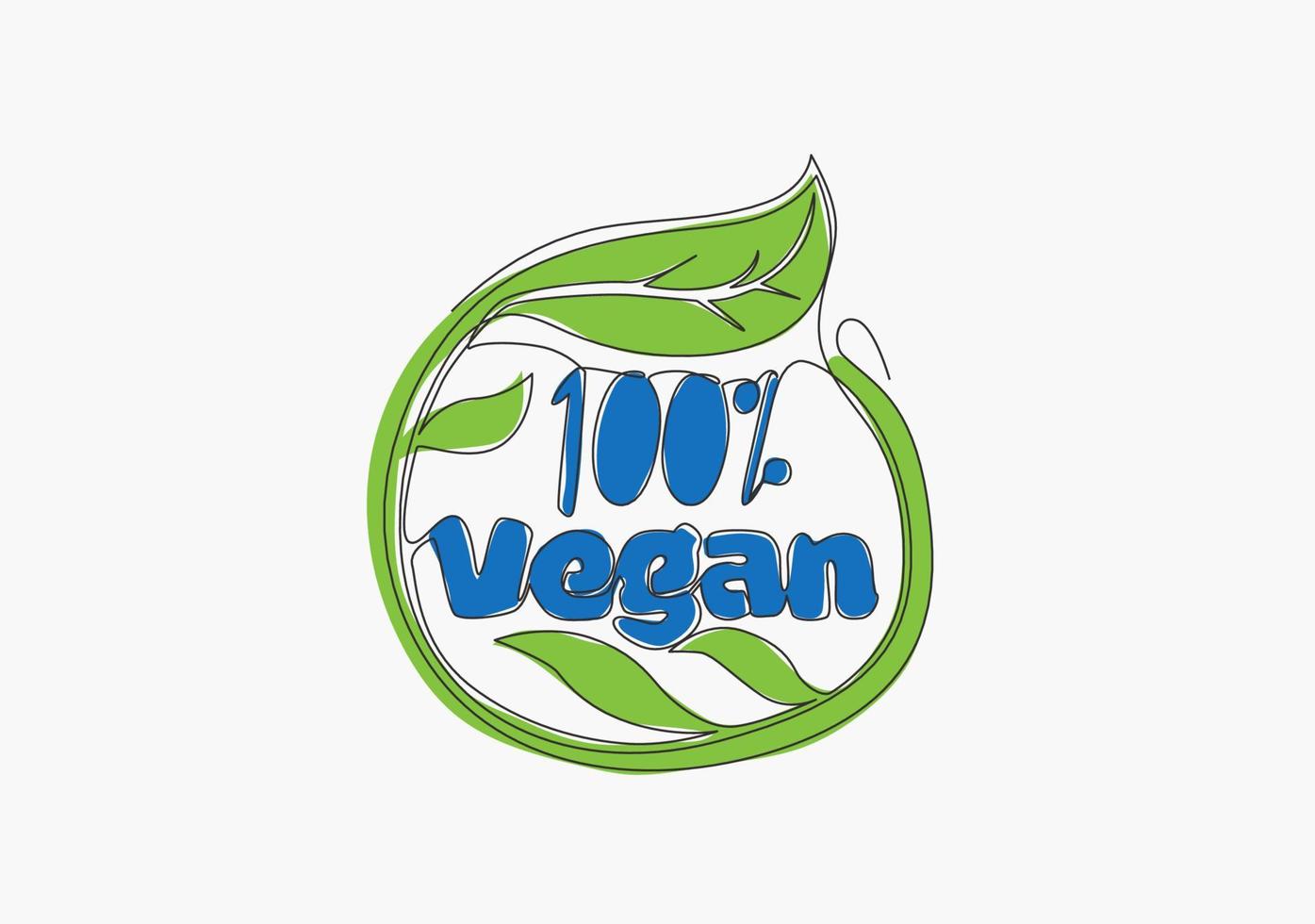 solteiro contínuo linha desenhando do eco natural e orgânico Comida tipografia citar - 100 por cento vegan. caligráfico Projeto para imprimir, rótulo, cartão, poster. 1 linha desenhar Projeto vetor ilustração