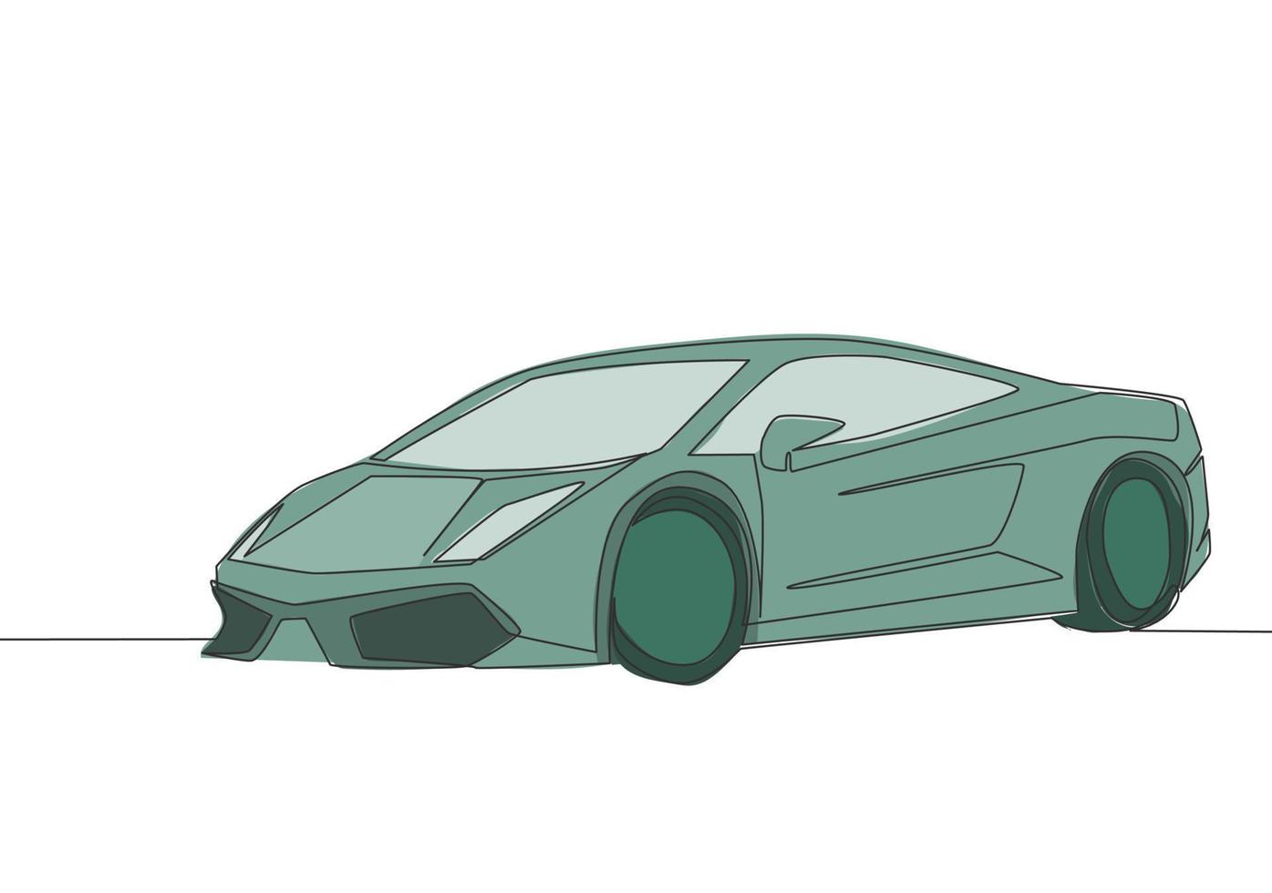 contínuo linha desenhando do corrida e à deriva elegante sedan esporte carro. luxo super carro transporte conceito. 1 solteiro contínuo linha desenhar Projeto vetor